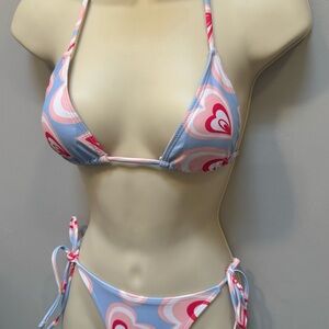 Pink and blue heart pattern bikini.